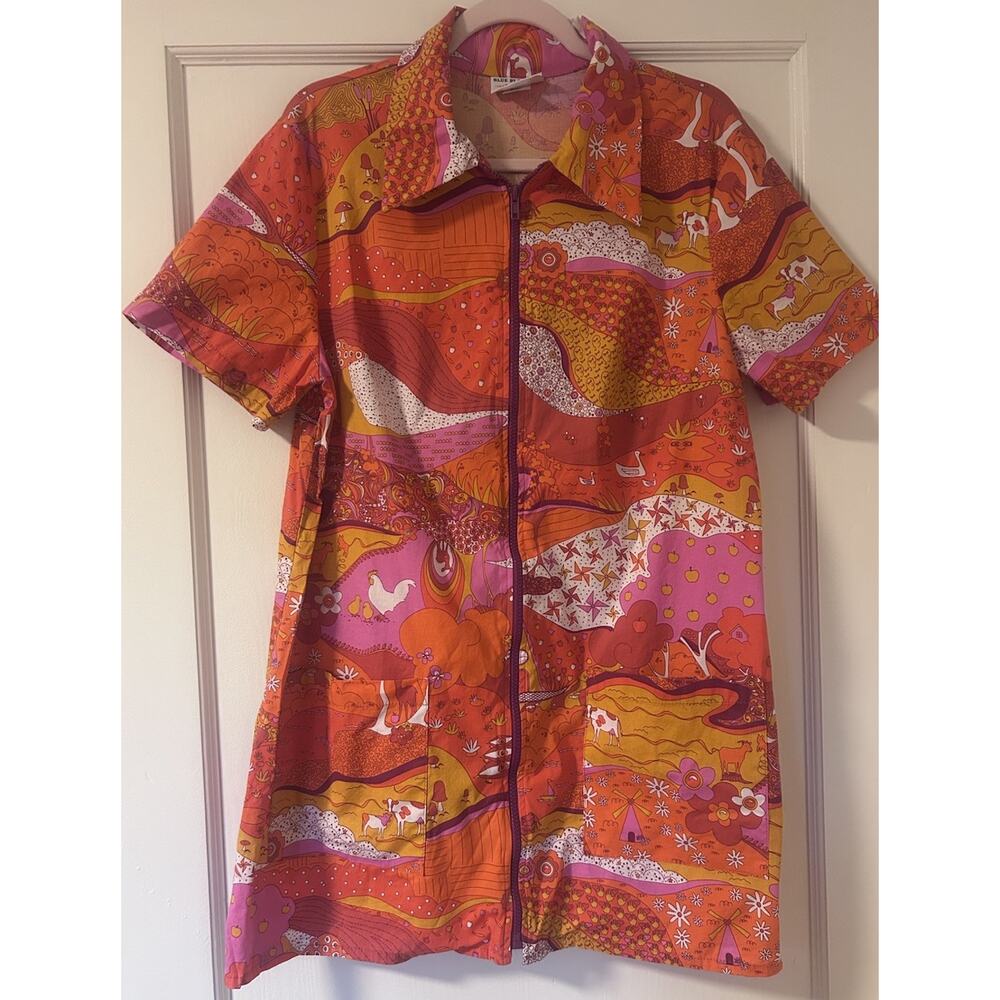 Blue Platypus Micro Mini Shift Dress in Retro Landscape XL USA Made 70's Mod